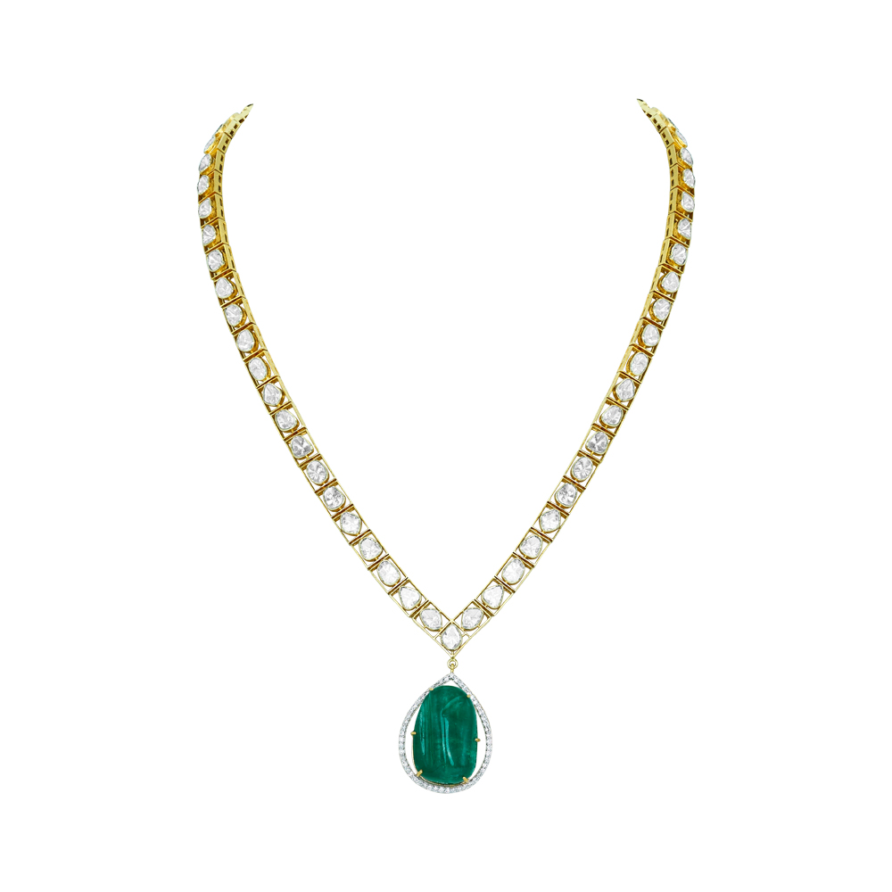 Emerald Pendant Polki Necklace with Symmetrical Polkis